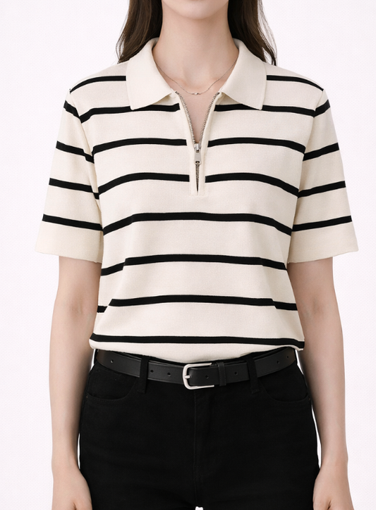 Haut polo à rayures fines avec fermeture zippée