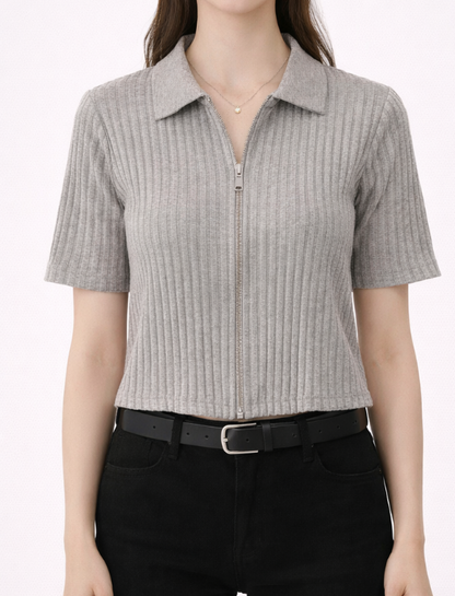 Top côtelé zippé à col chemise