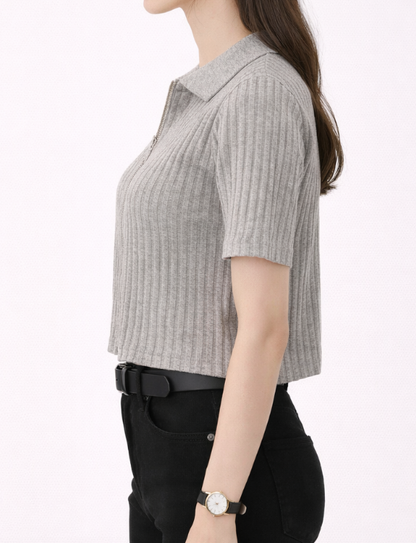 Top côtelé zippé à col chemise