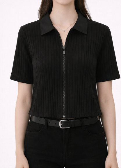 Top côtelé zippé à col chemise