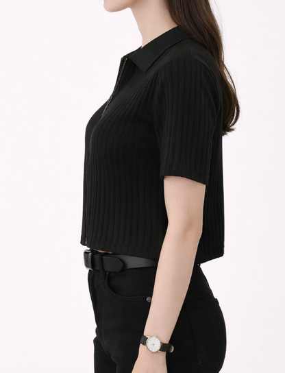 Top côtelé zippé à col chemise